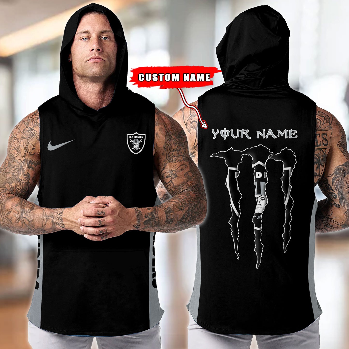 Las Vegas Raiders Personalied Men Workout Hooded Tank Top AZBTMHTT000023