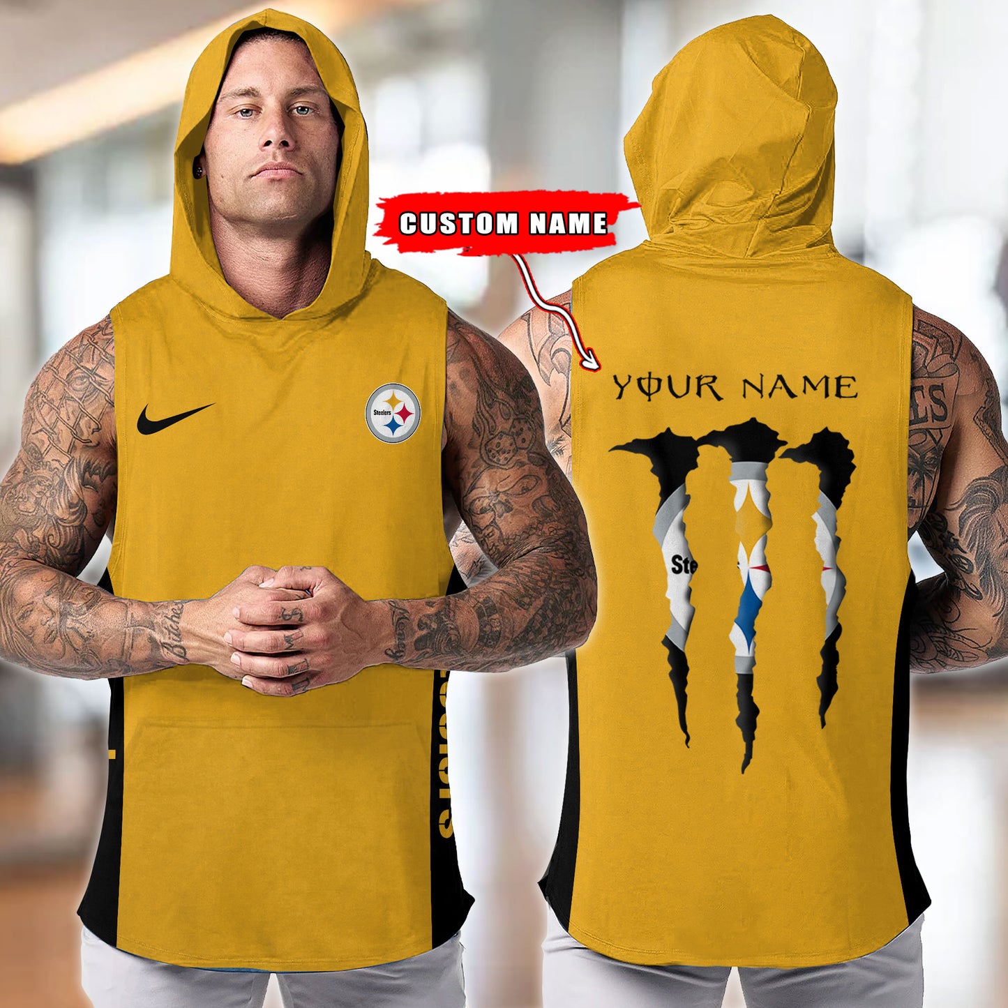 Pittsburgh Steelers Personalied Men Workout Hooded Tank Top AZBTMHTT000025