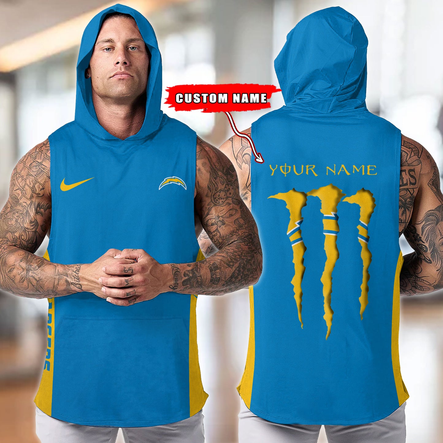 Los Angeles Chargers Personalied Men Workout Hooded Tank Top AZBTMHTT000027