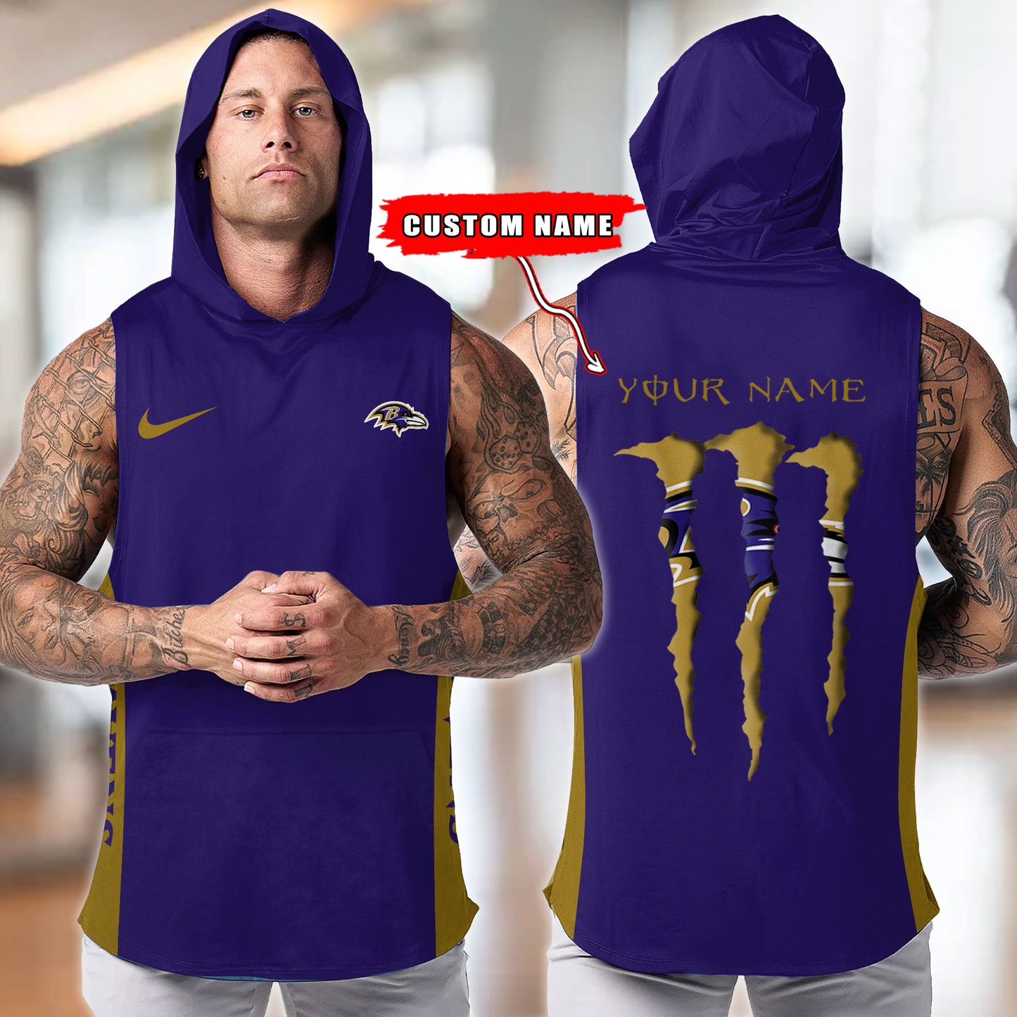 Baltimore Ravens Personalied Men Workout Hooded Tank Top AZBTMHTT000003