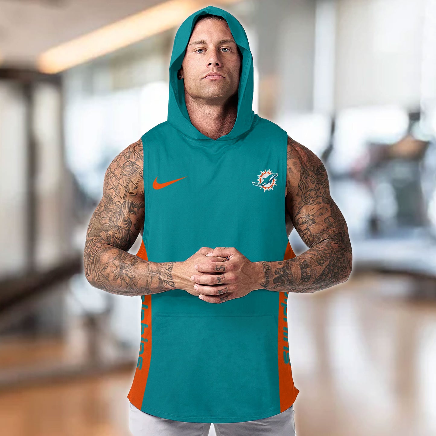Miami Dolphins Personalied Men Workout Hooded Tank Top AZBTMHTT000017