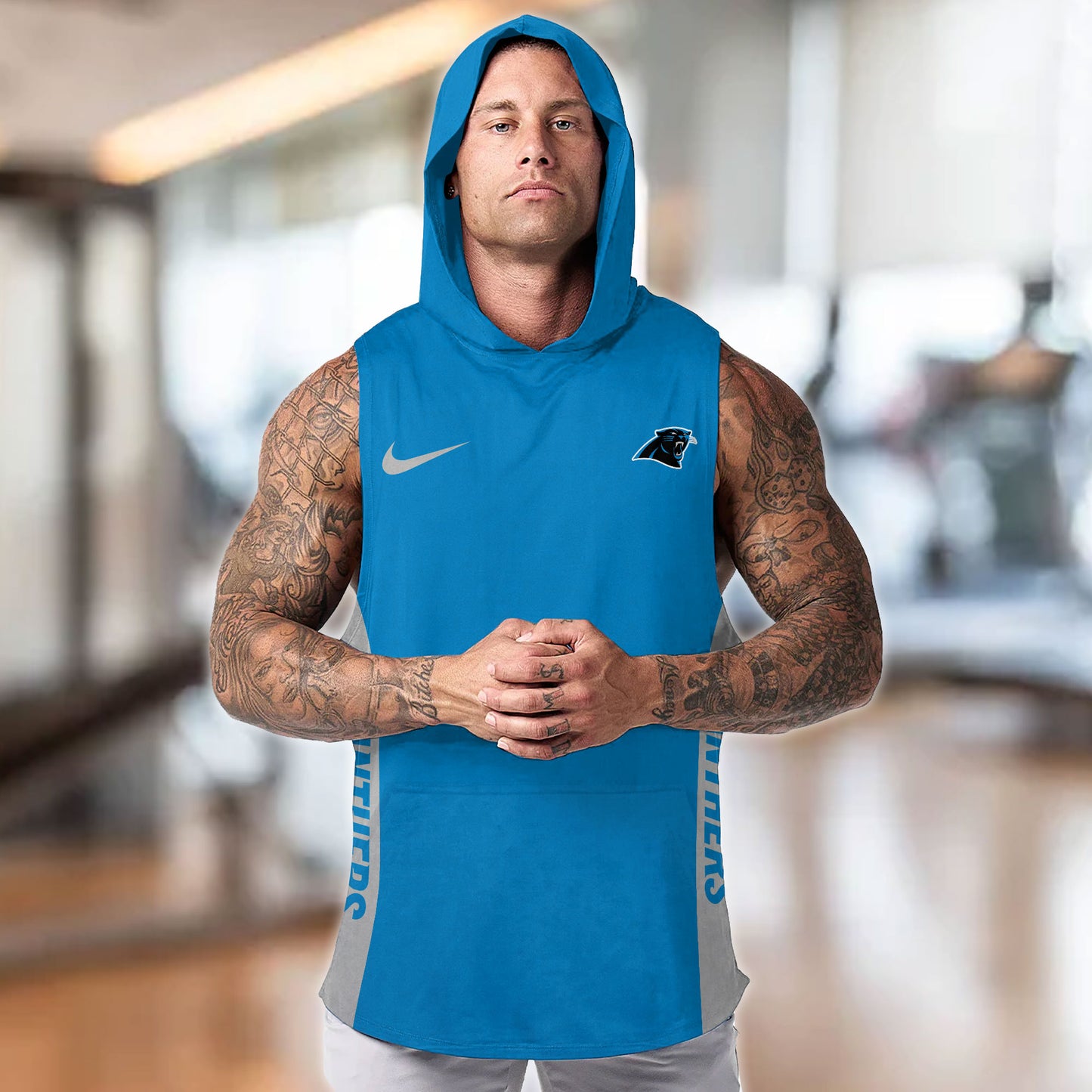 Carolina Panthers Personalied Men Workout Hooded Tank Top AZBTMHTT000005