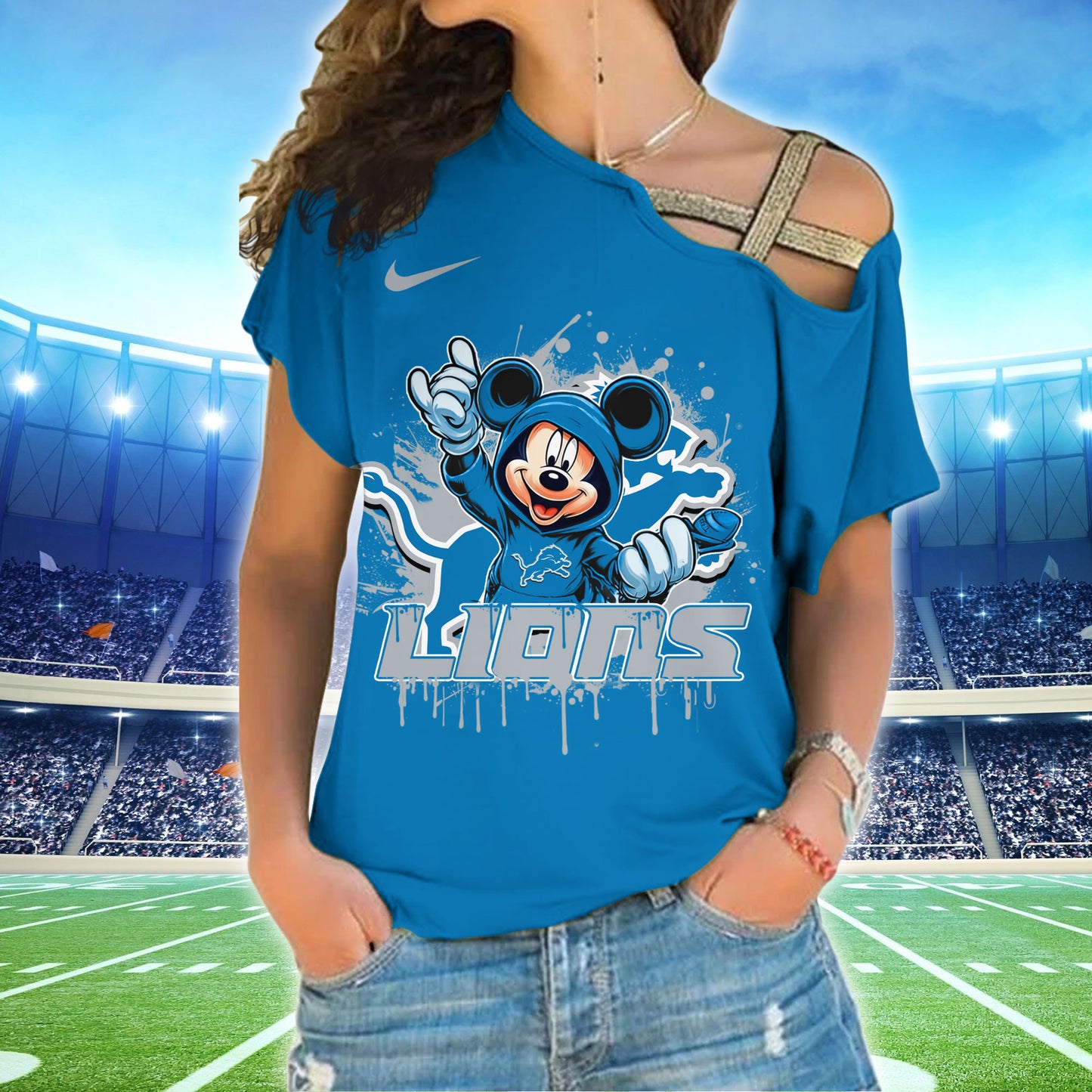 Detroit Lions New Woman Cross Strap Shoulder Shirt  AZBTCSS000022