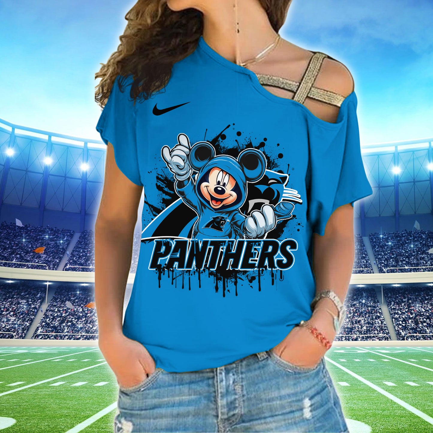Carolina Panthers New Woman Cross Strap Shoulder Shirt  AZBTCSS000016