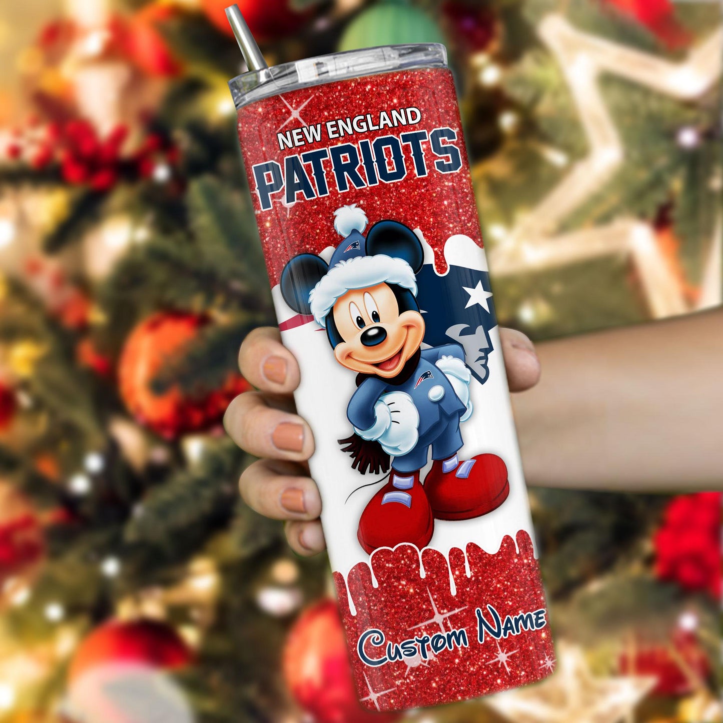 New England Patriots Personalized Glitter Tumbler With Stainless Steel Straw BGGTS111