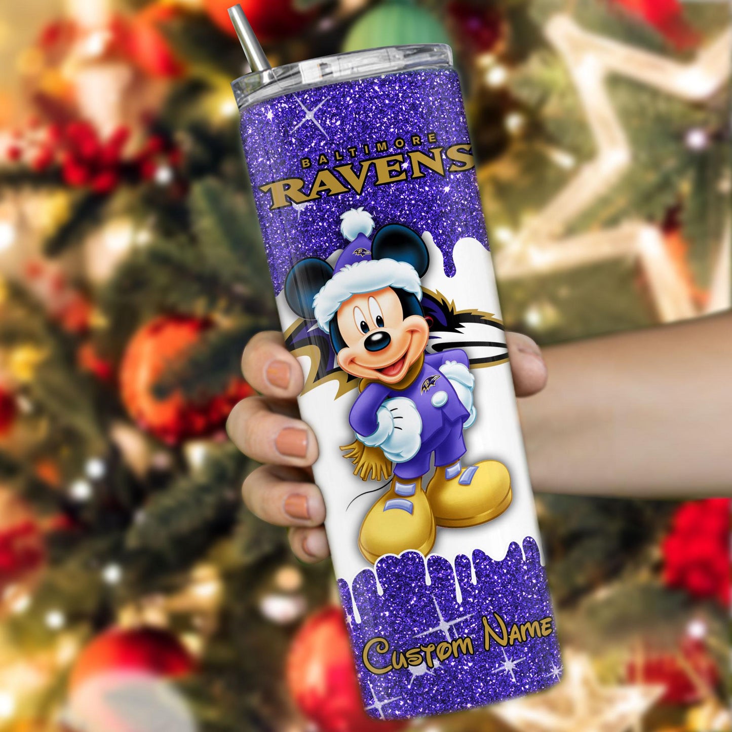 Baltimore Ravens Personalized Glitter Tumbler With Stainless Steel Straw BGGTS127