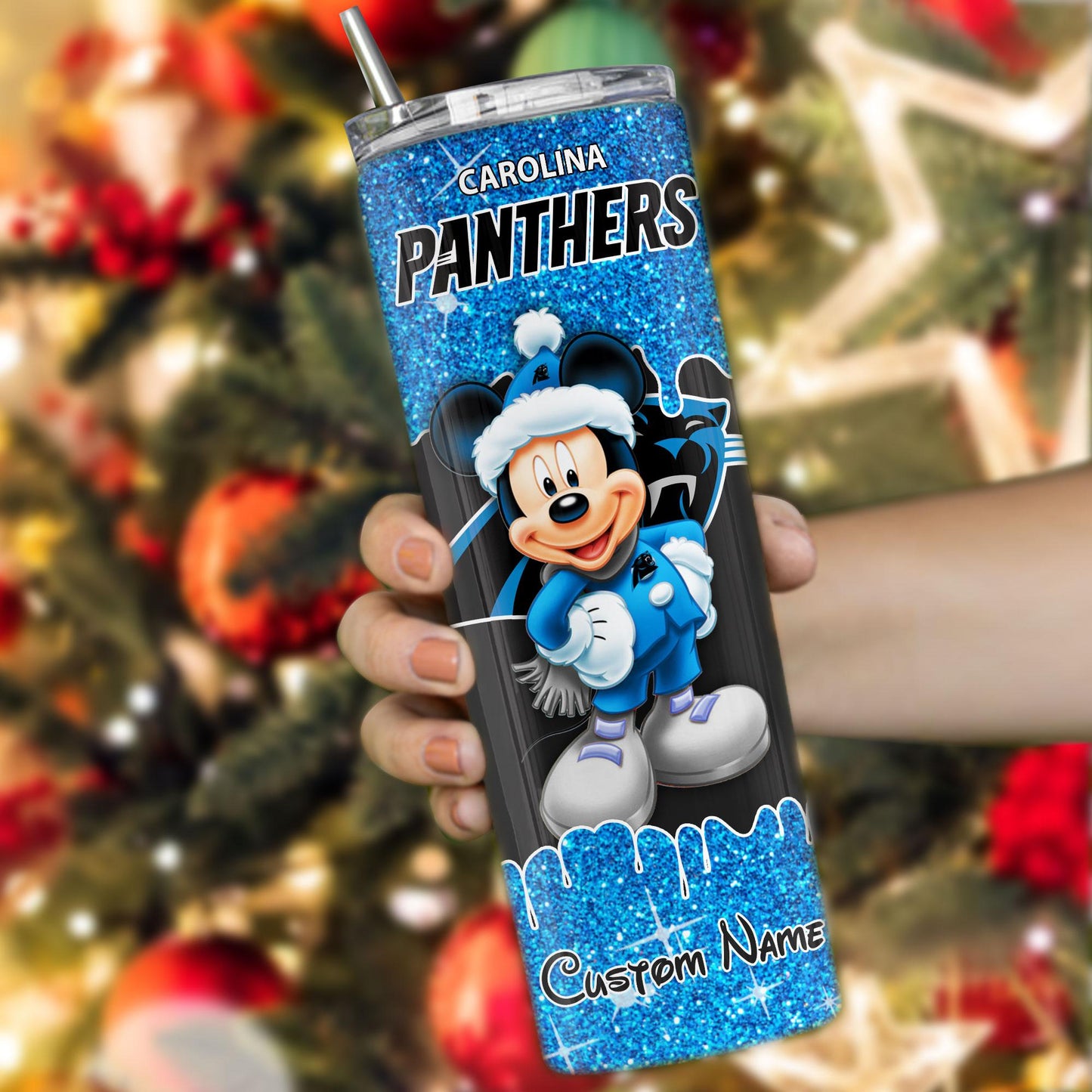 Carolina Panthers Personalized Glitter Tumbler With Stainless Steel Straw BGGTS125