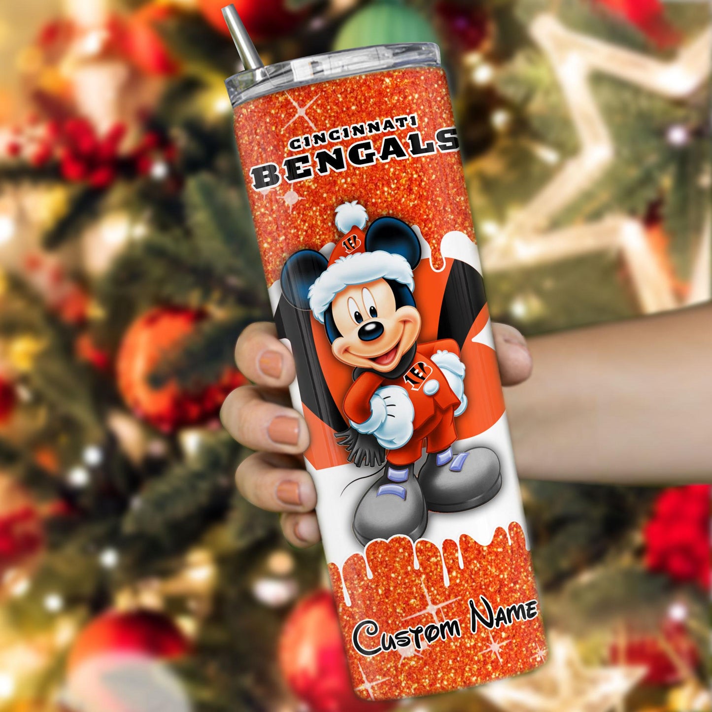 Cincinnati Bengals Personalized Glitter Tumbler With Stainless Steel Straw BGGTS123