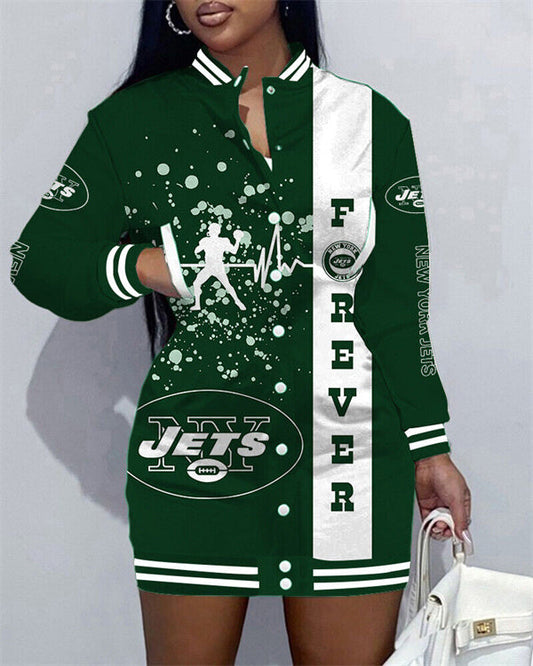 New York Jets Women Button Down Jacket Dress AZBTBDJD000114