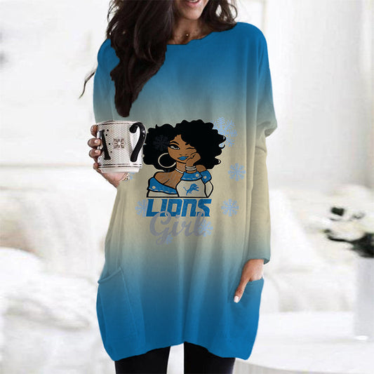 Detroit Lions Casual Long Sleeve Pocket Dress AZBTLSPD000011