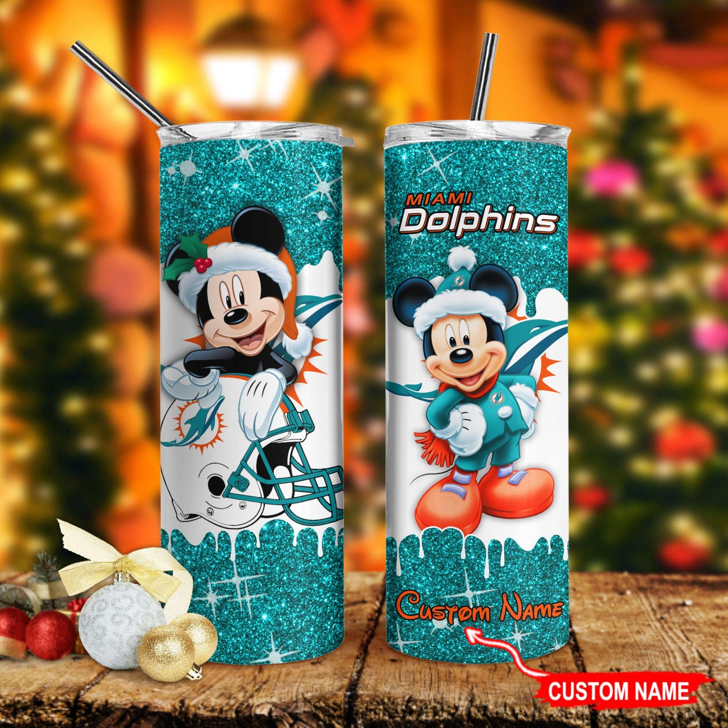 Miami Dolphins Personalized Glitter Tumbler With Stainless Steel Straw BGGTS113