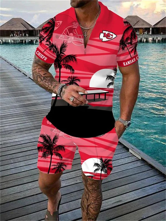 Kansas City Chiefs Zip Polo Shirt And Shorts Men AZPLZ051