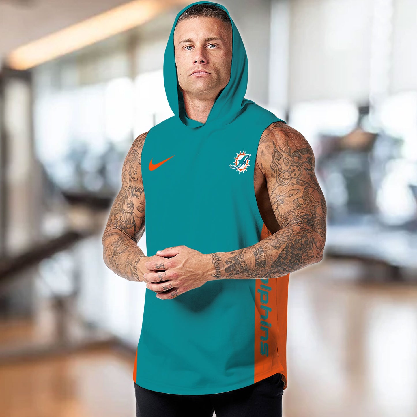 Miami Dolphins Personalied Men Workout Hooded Tank Top AZBTMHTT000017