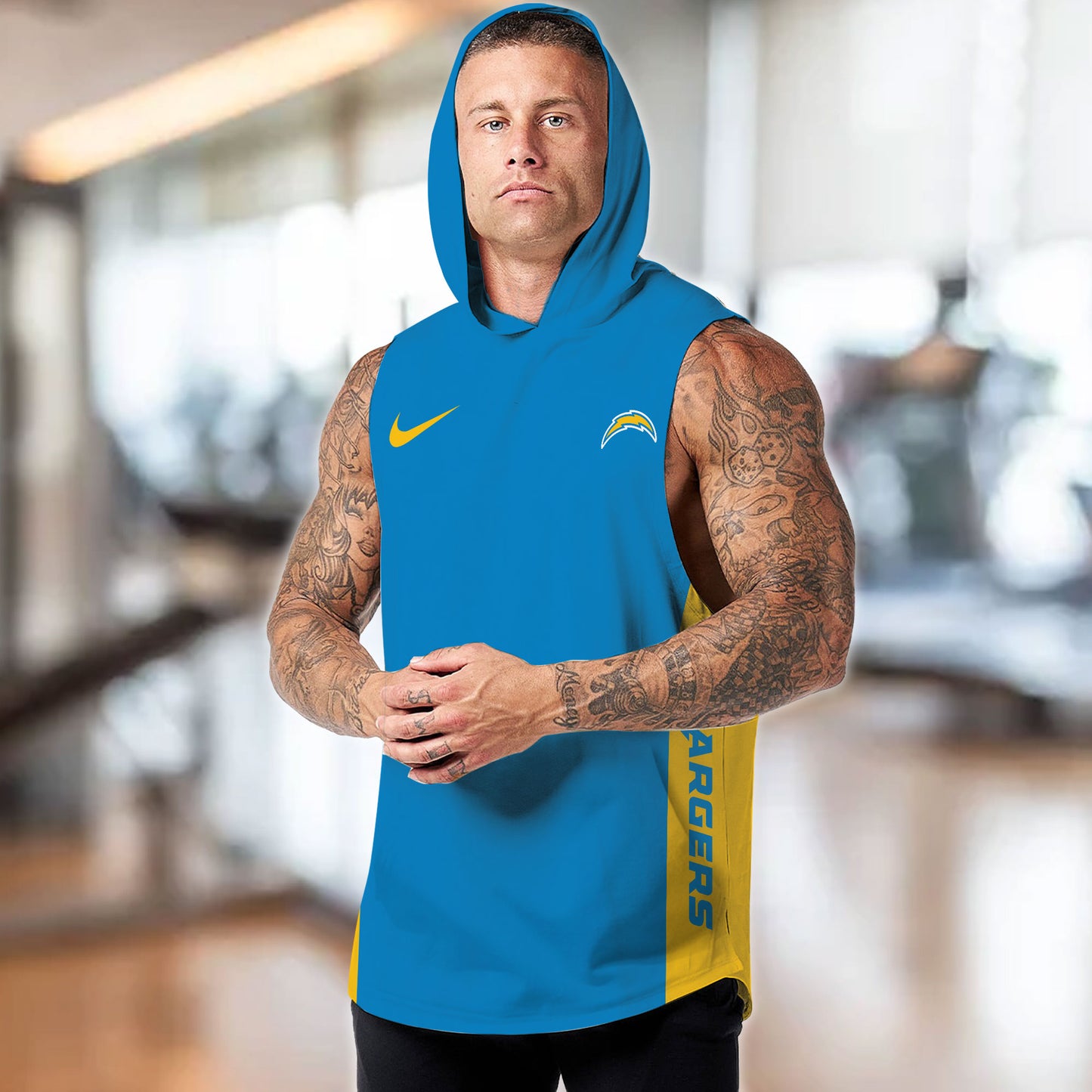 Los Angeles Chargers Personalied Men Workout Hooded Tank Top AZBTMHTT000027