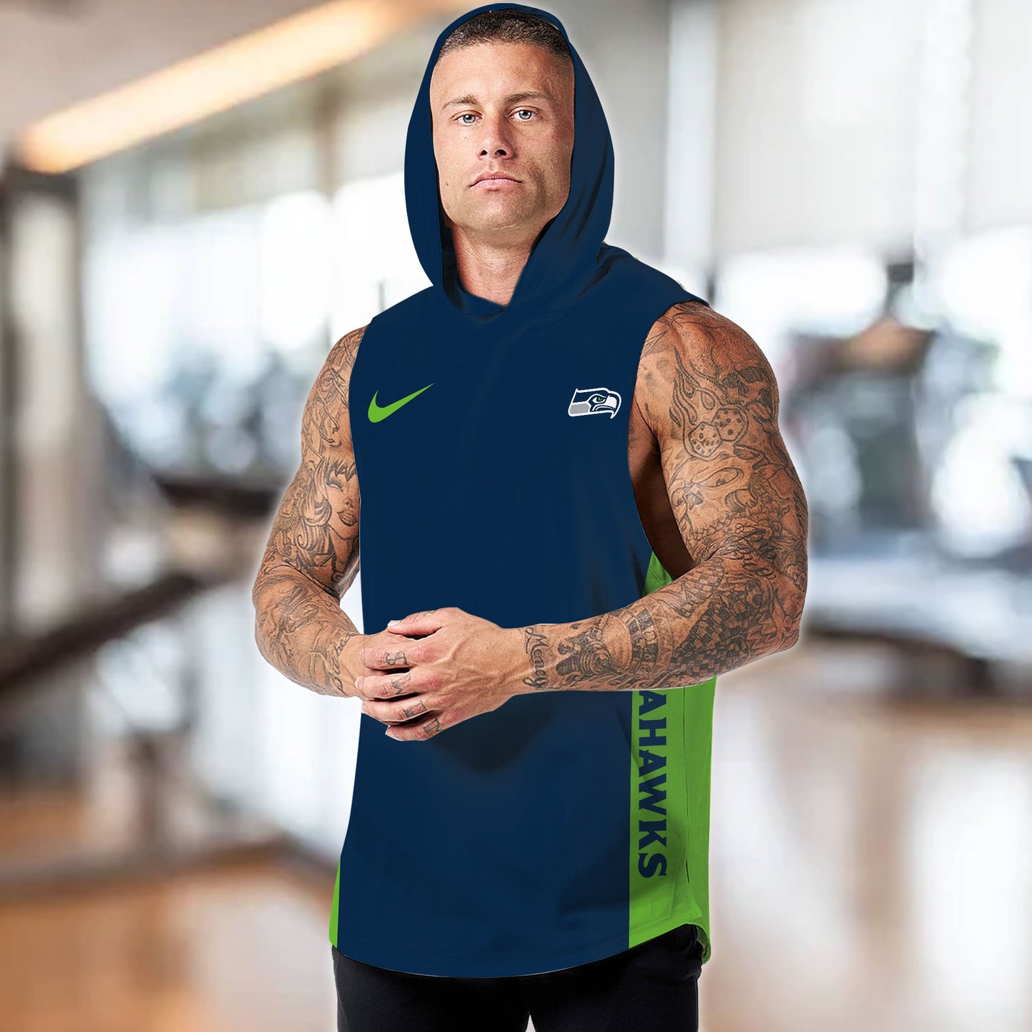 Seattle Seahawks Personalied Men Workout Hooded Tank Top AZBTMHTT000029