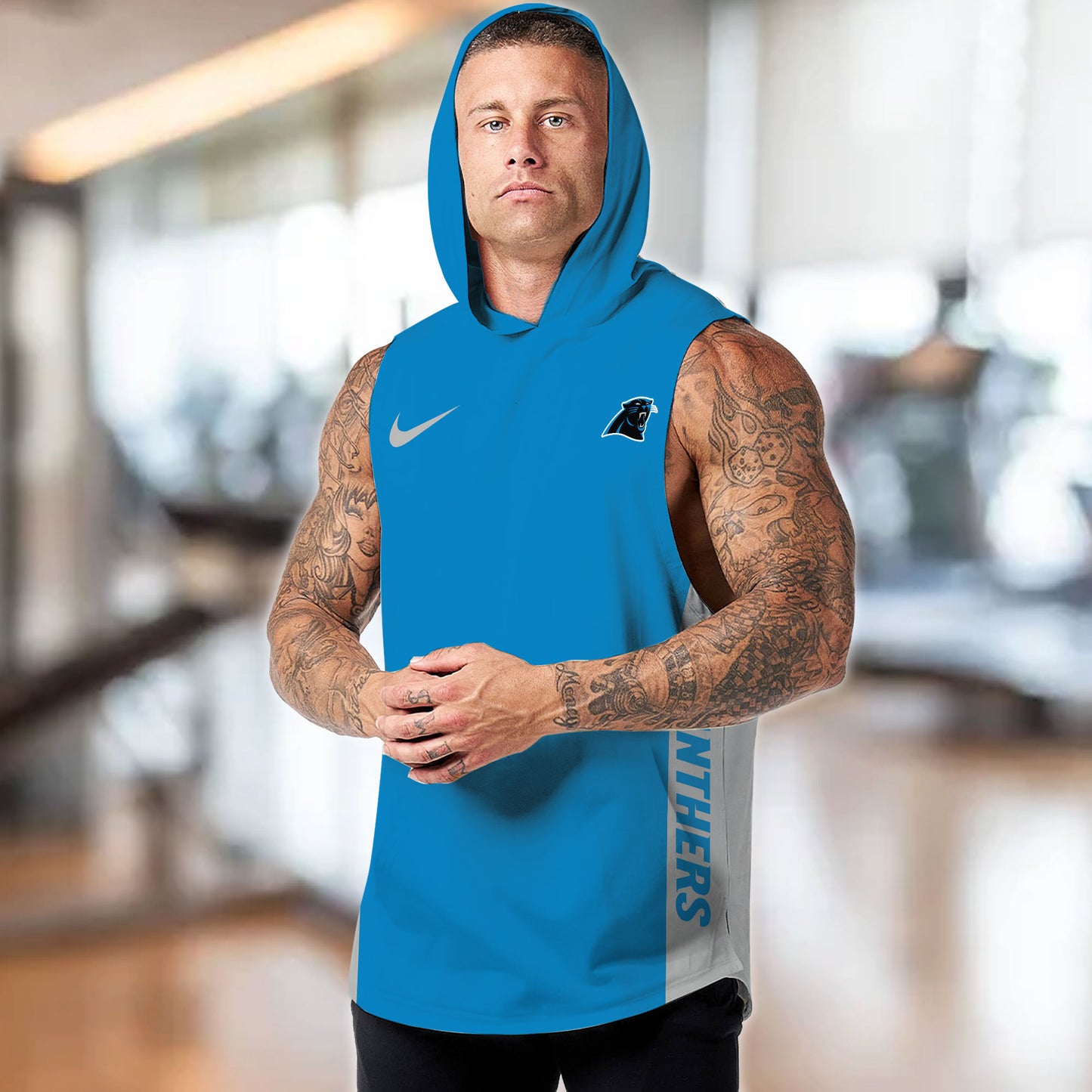 Carolina Panthers Personalied Men Workout Hooded Tank Top AZBTMHTT000005