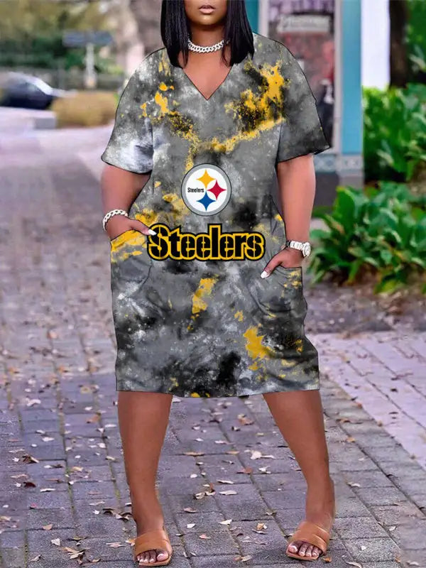 Pittsburgh Steelers V-neck Casual Pocket Dress Limited Edition AZBTVCPD000023