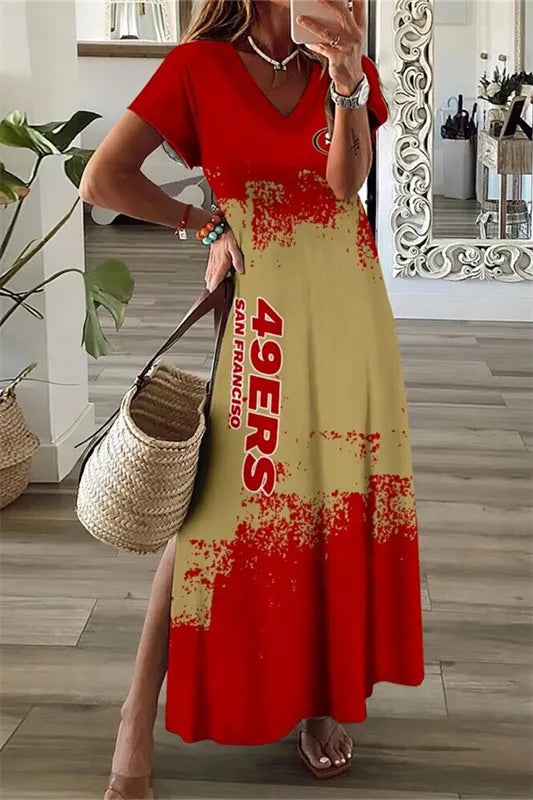 San Francisco 49ers V-Neck Side Slit Long Dress AZBTVSD000149