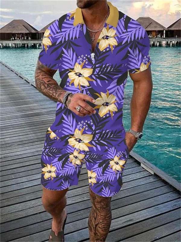 Baltimore Ravens Zip Polo Shirt And Shorts Men AZPLZ178