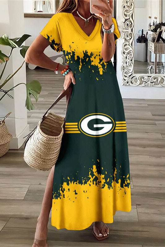 Green Bay Packers V-Neck Side Slit Long Dress AZBTVSD000485