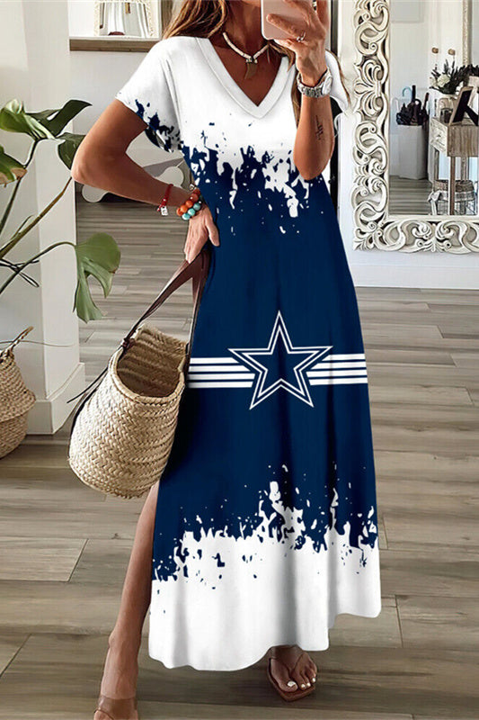 Dallas Cowboys V-Neck Side Slit Long Dress AZBTVSD000001
