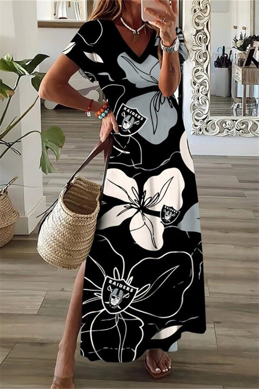 Las Vegas Raiders V-Neck Side Slit Long Dress AZBTVSD000324