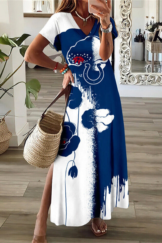 Indianapolis Colts V-Neck Side Slit Long Dress AZBTVSD000491