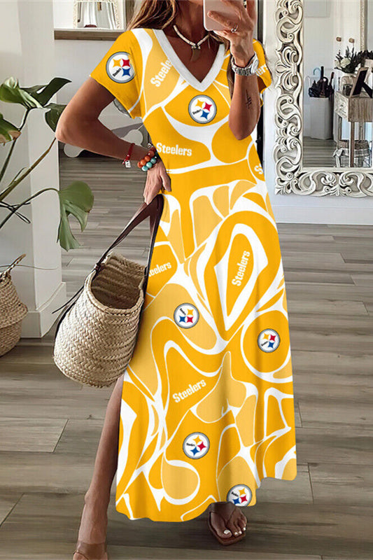 Pittsburgh Steelers V-Neck Side Slit Long Dress AZBTVSD000215