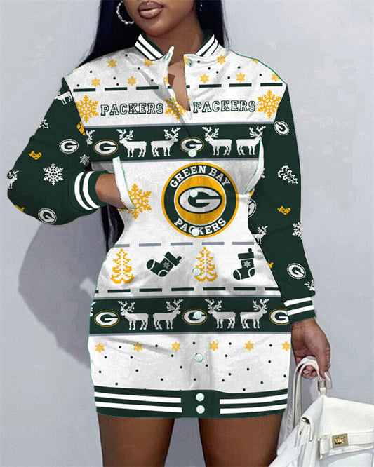 Green Bay Packers Women Button Down Jacket Dress AZBTBDJD000236
