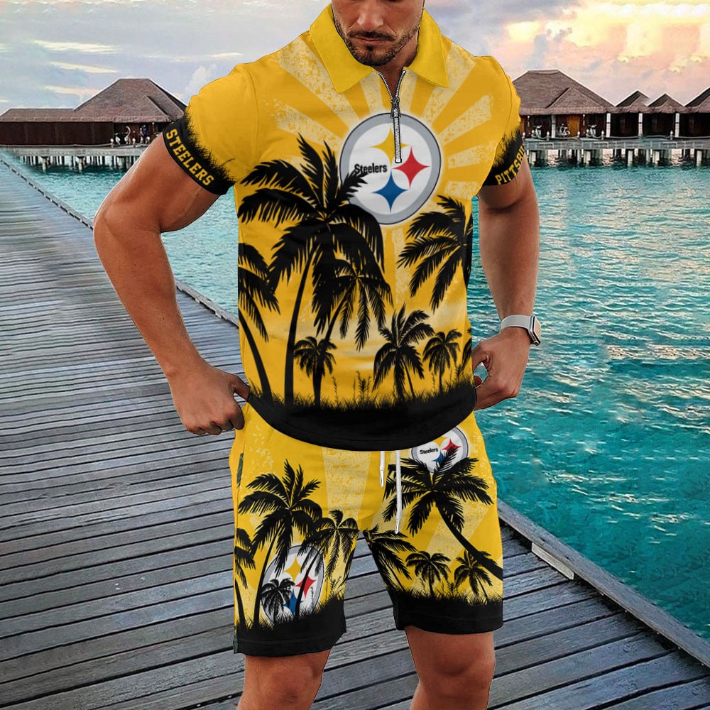 Pittsburgh Steelers Zip Polo Shirt And Shorts Men AZPLZ300