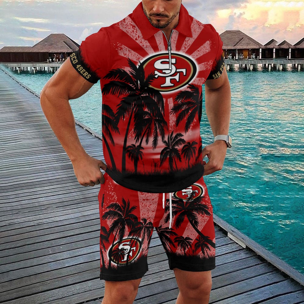 San Francisco 49ers Zip Polo Shirt And Shorts Men AZPLZ294