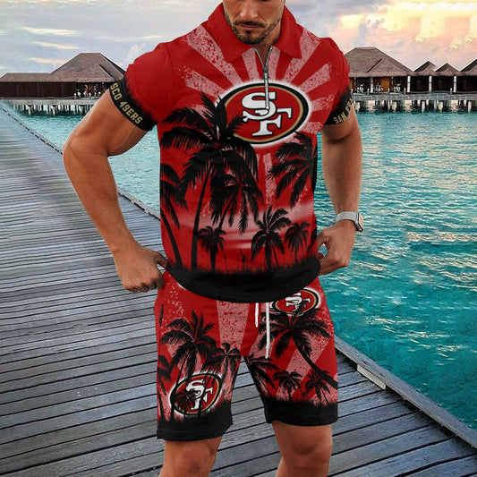 San Francisco 49ers Zip Polo Shirt And Shorts Men AZPLZ294