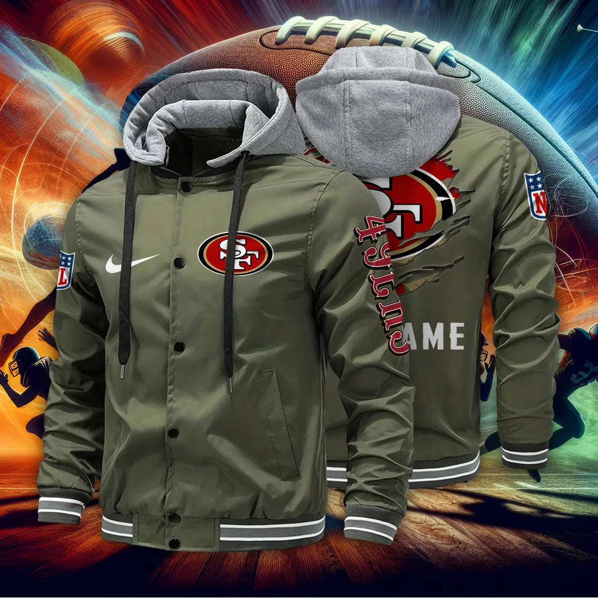 San Francisco 49ers Personalized Baseball Jacket With Detachable Hood AZBTHBJK000016