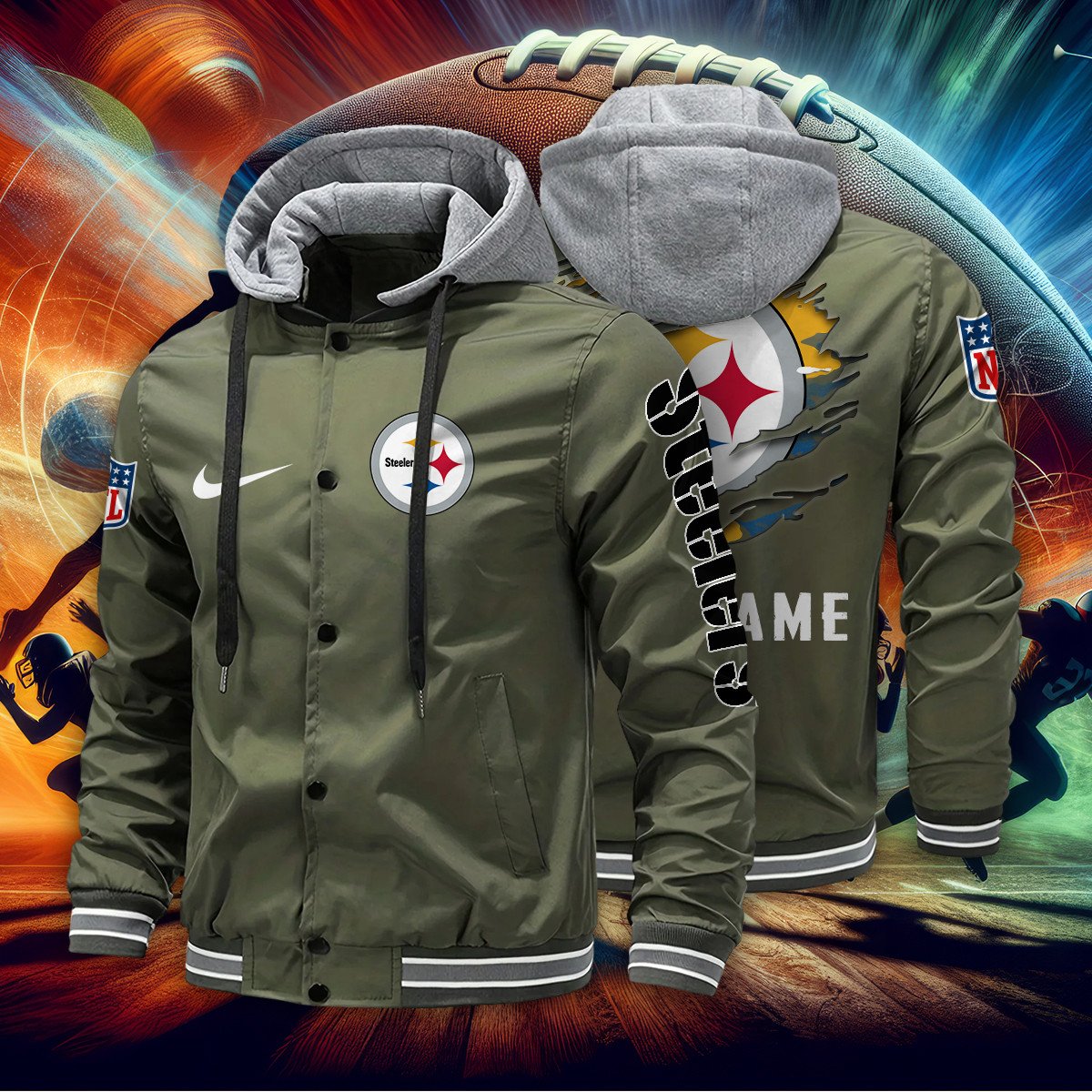 Pittsburgh Steelers Personalized Baseball Jacket With Detachable Hood AZBTHBJK000015