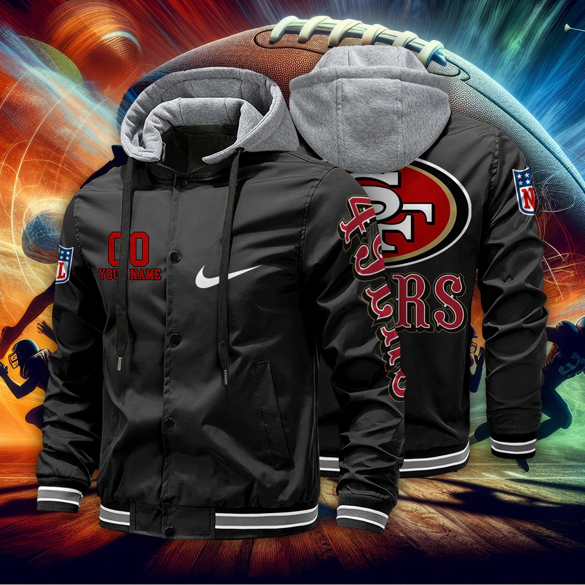 San Francisco 49ers Personalized Baseball Jacket With Detachable Hood AZBTHBJK000045
