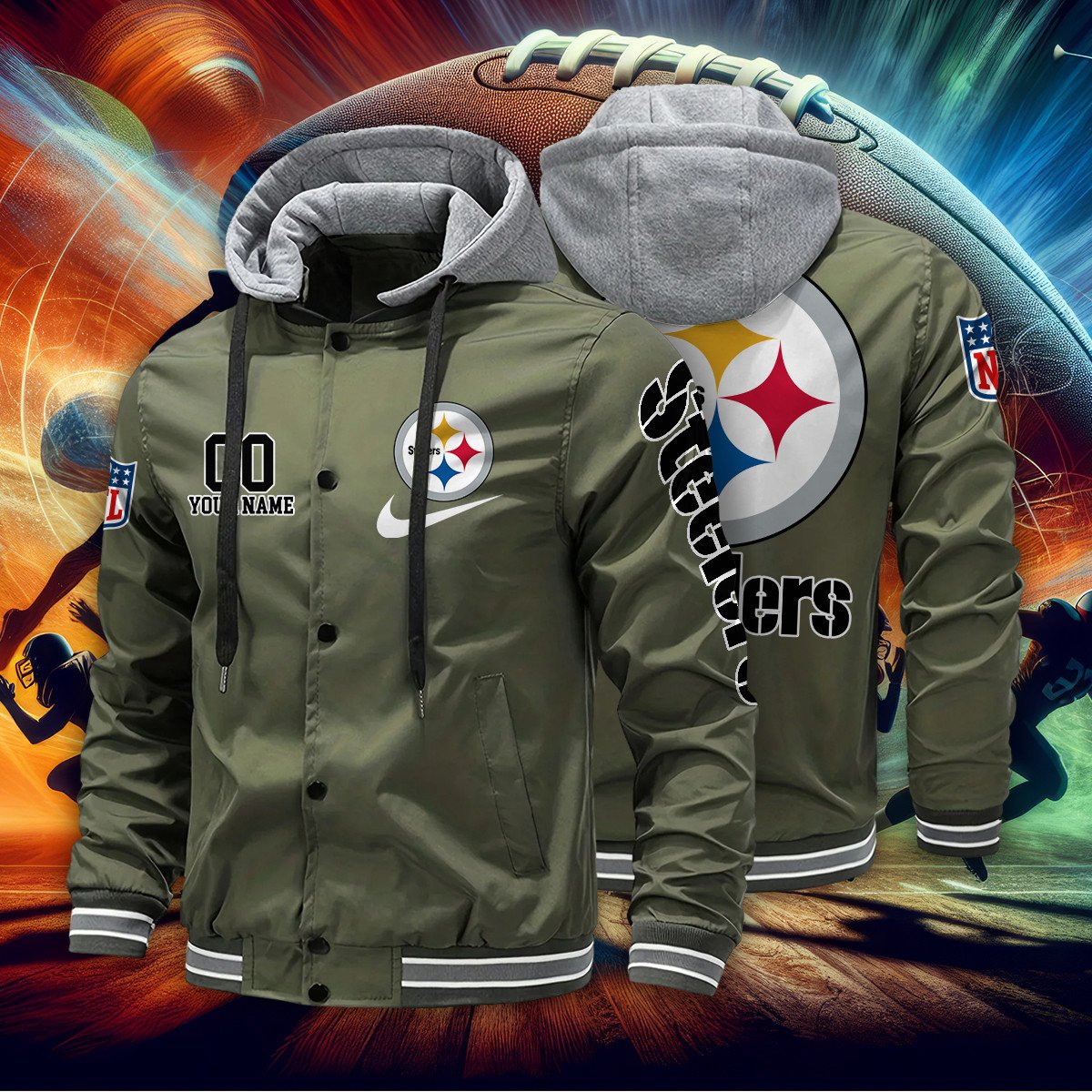 Pittsburgh Steelers Personalized Baseball Jacket With Detachable Hood AZBTHBJK000044