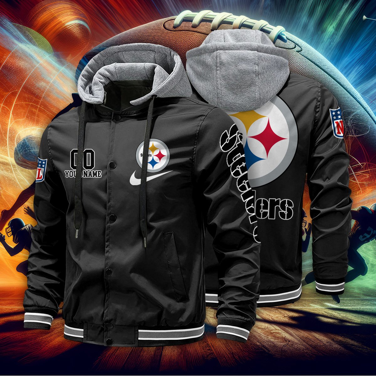 Pittsburgh Steelers Personalized Baseball Jacket With Detachable Hood AZBTHBJK000044