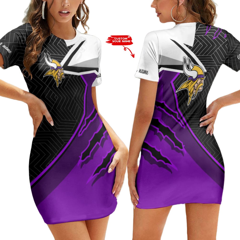 Minnesota Vikings Personalized Short Sleeve Bodycon Mini Dress BGCSD454