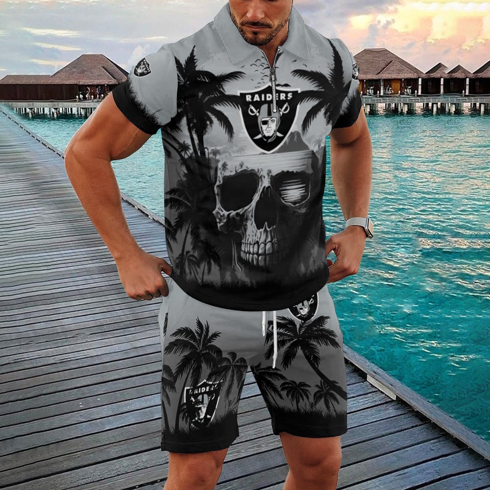 Las Vegas Raiders Zip Polo Shirt And Shorts Men AZPLZ306