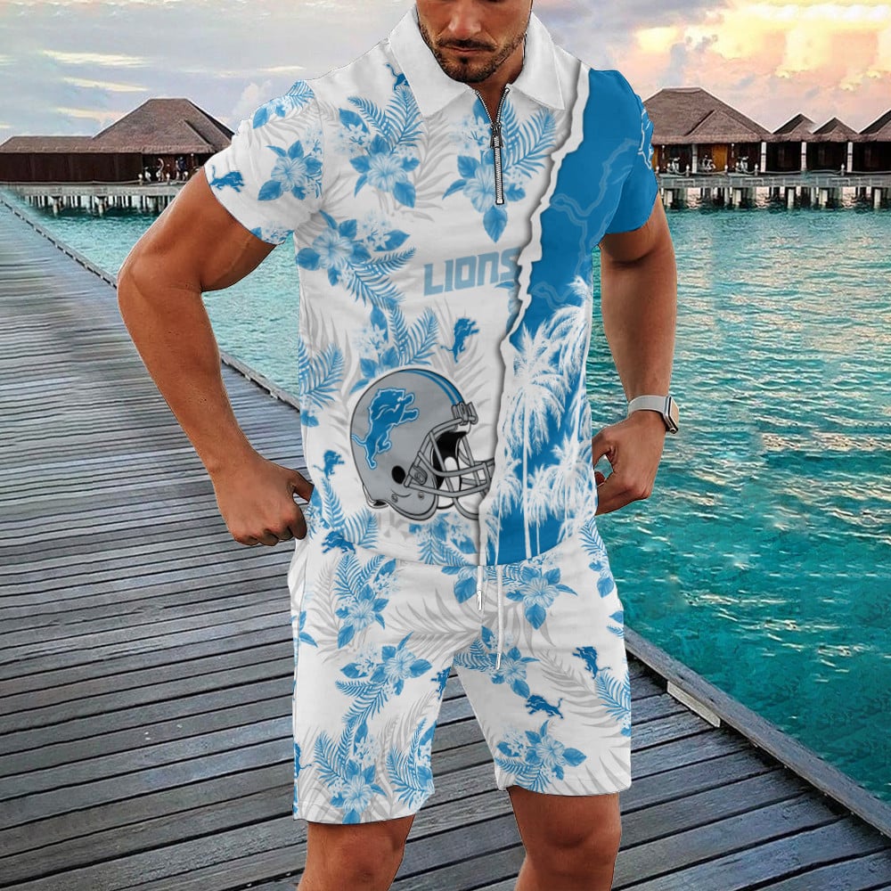 Detroit Lions Zip Polo Shirt And Shorts Men AZPLZ297