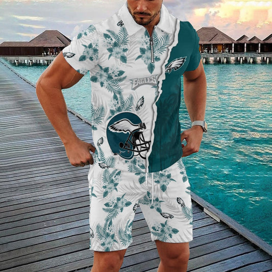 Philadelphia Eagles Zip Polo Shirt And Shorts Men AZPLZ296