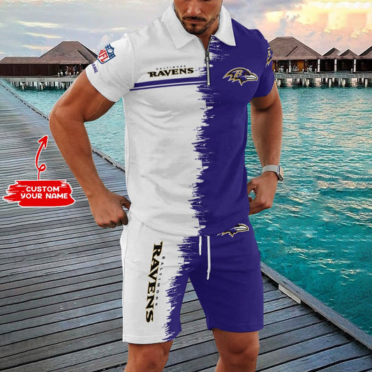 Baltimore Ravens Zip Polo Shirt And Shorts Men AZPLZ309