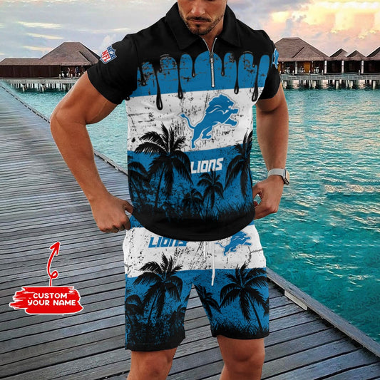 Detroit Lions Zip Polo Shirt And Shorts Men AZPLZ316