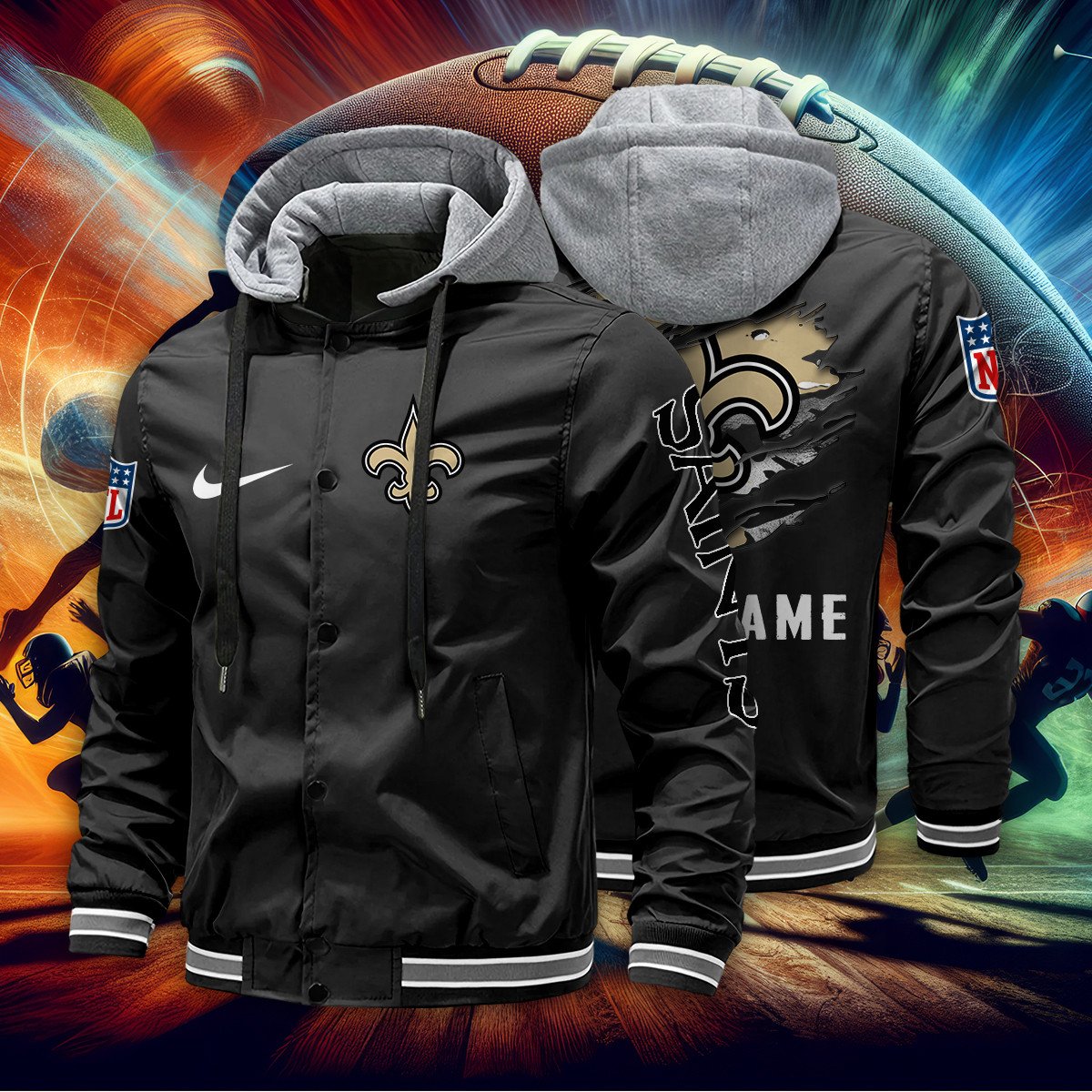 New Orleans Saints Personalized Baseball Jacket With Detachable Hood AZBTHBJK000013