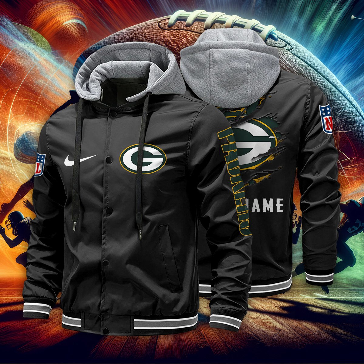 Green Bay Packers Personalized Baseball Jacket With Detachable Hood AZBTHBJK000008