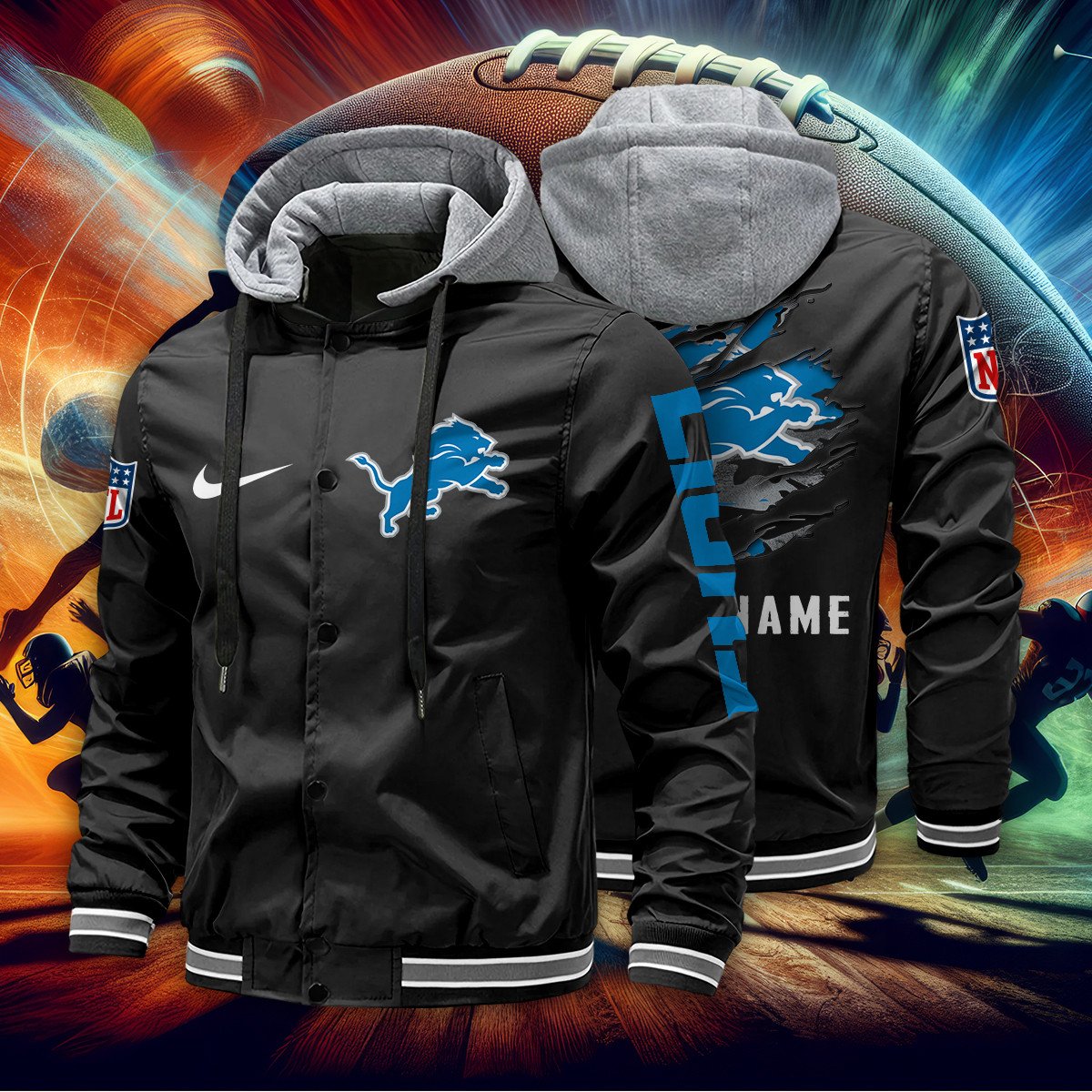 Detroit Lions Personalized Baseball Jacket With Detachable Hood AZBTHBJK000007