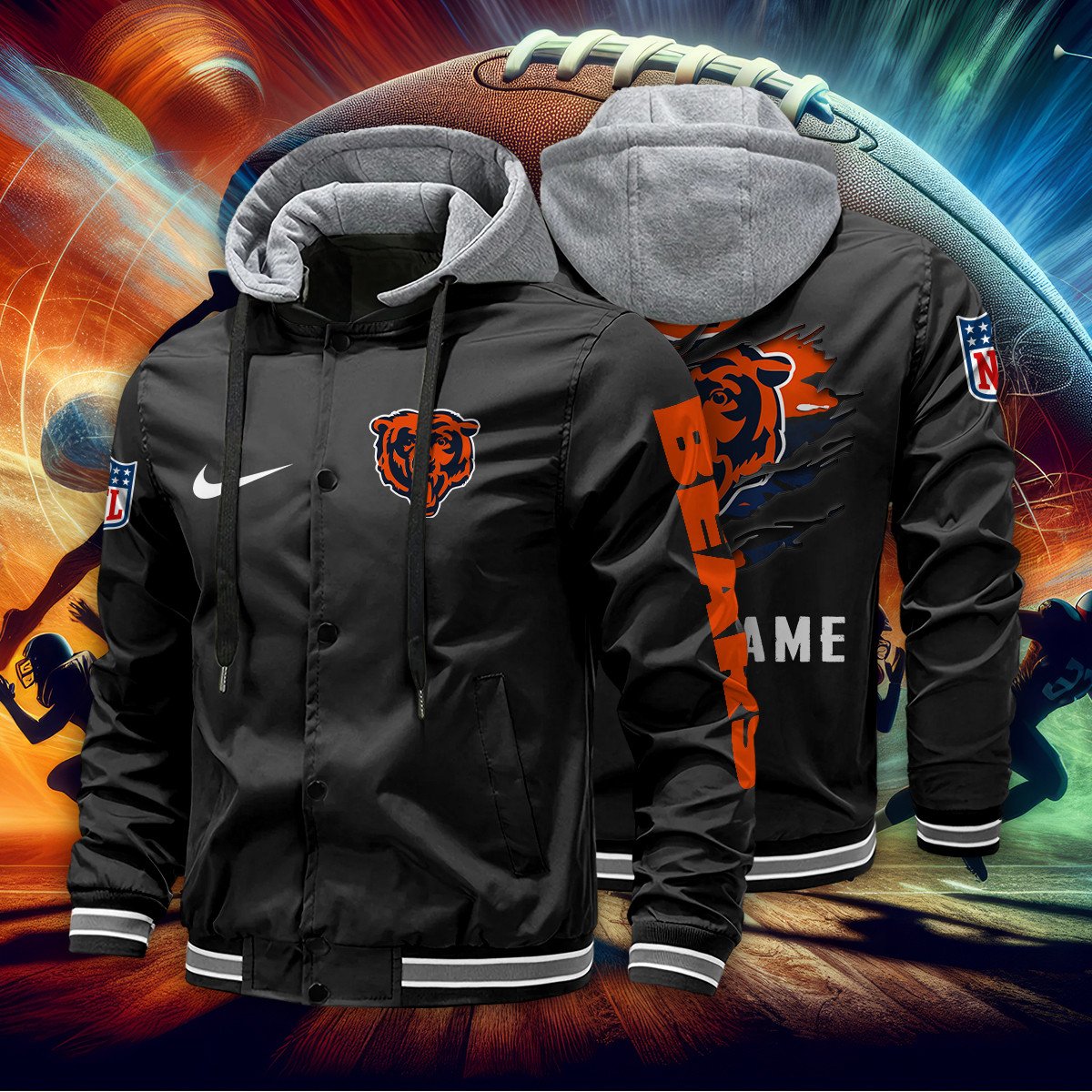 Chicago Bears Personalized Baseball Jacket With Detachable Hood AZBTHBJK000004