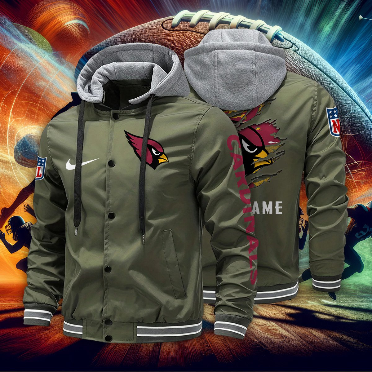Arizona Cardinals Personalized Baseball Jacket With Detachable Hood AZBTHBJK000001