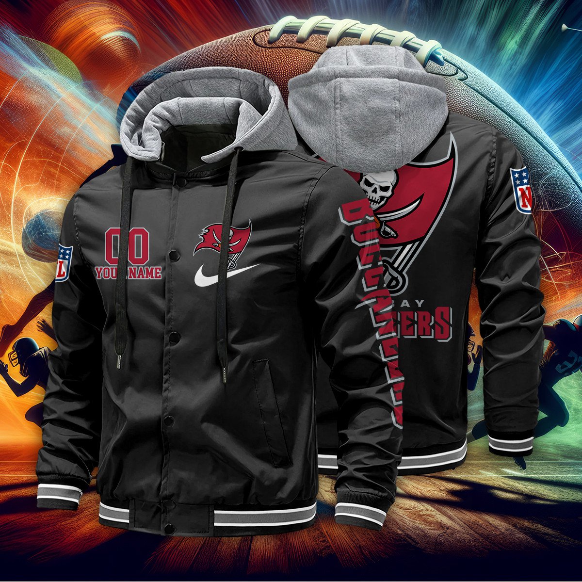 Tampa Bay Buccaneers Personalized Baseball Jacket With Detachable Hood AZBTHBJK000047