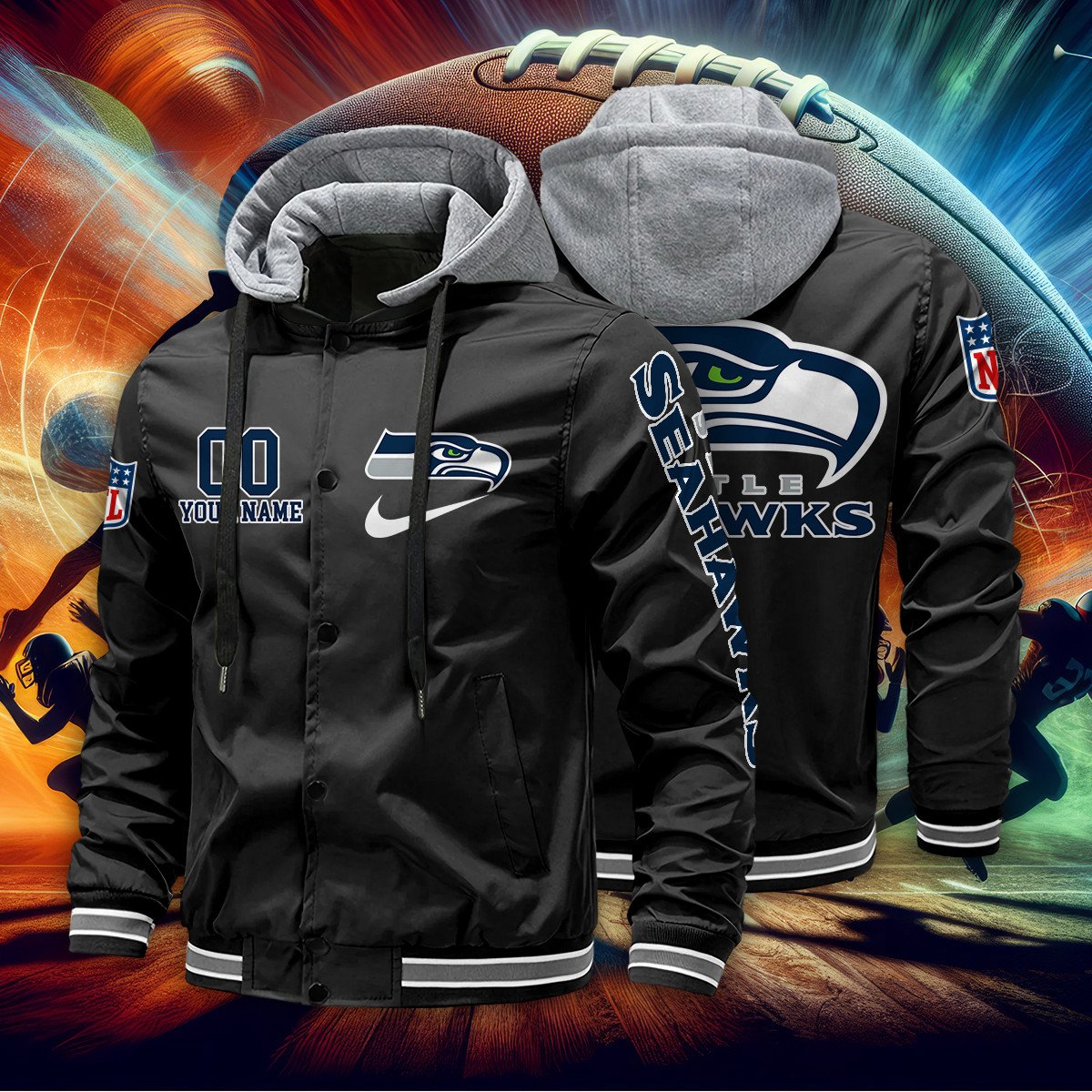 Seattle Seahawks Personalized Baseball Jacket With Detachable Hood AZBTHBJK000046